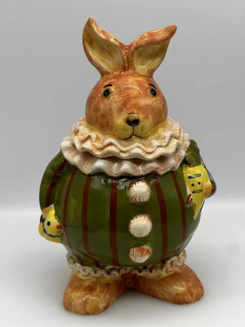 Rabbit/Bunny Cookie Jar Canister Easter Spring Green Holding Rubber Duck 11”