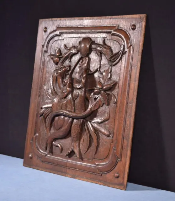 *French Antique Deeply Carved Oak Wood Panel with & Fish Hunting Salvage 2