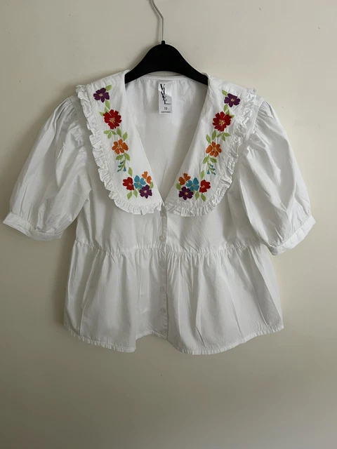 Violet Romance Embroidered Floral Blouse Nasty Gal Style Peter Pan Collar Cotton Violet Romance Embroidered Floral Blouse Nasty Gal Style Peter Pan Collar Cotton