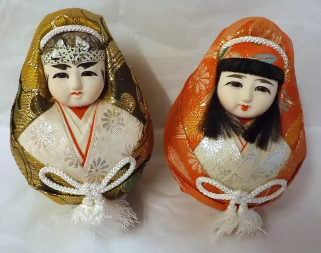 Vintage Pair of Japanese Doll Busts, Beautiful Faces & Woven Silk Clothes 2