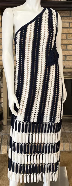 Self Portrait Navy & White Crochet Knit MIDI Dress NWT Size US 10