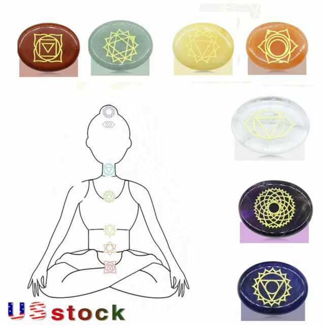 7 Engraved Chakra Symbols Natural Stone Set Palm Stone Crystal Reiki Healing Set