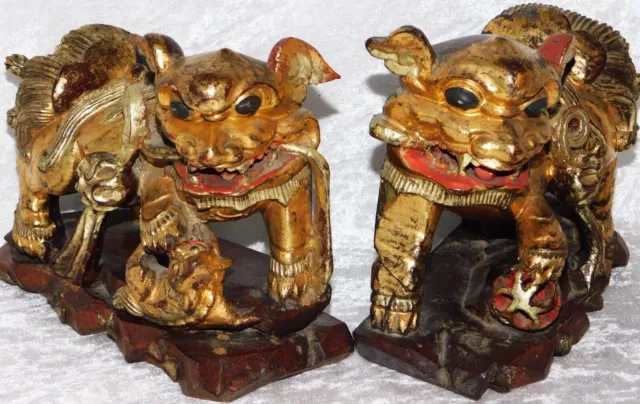 Antique Chinese Open Carved Foo Dog Lions Ball Mouth Wood Gilt Wall Statues 7.5"