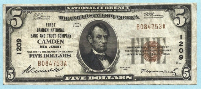 $5 National Currency 1929 T1 - Ch#1209 - 1st Camden NB&TC, Camden, NJ - VF+/ChVF