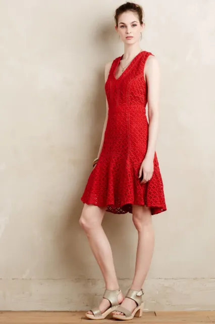 New Anthropologie $178 Red Flounced Lace Dress By San & Soni Sz 0