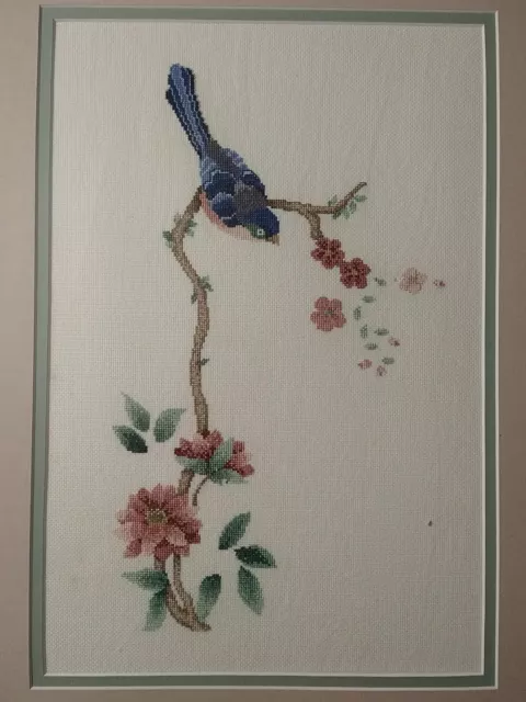 Chinese Bird Finished Cross Stitch Stitched Framed Matted Tree Flowers Blue Bird