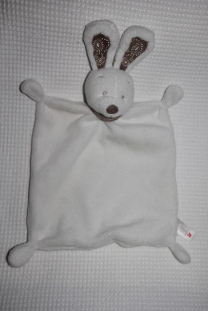 DOUDOU NICOTOY LAPIN PLAT BLANC BANDANA MARRON RECTANGLE GM état neuf
