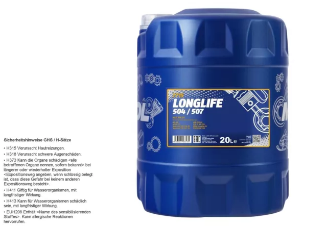 20 Liter MANNOL Longlife 504/507 5W-30 Motoröl API SN ACEA C3 7715 synthetic
