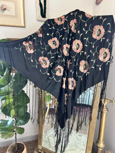 Vtg 40s 50s Black Silk Piano Shawl Scarf Embroidered Flowers Beautiful