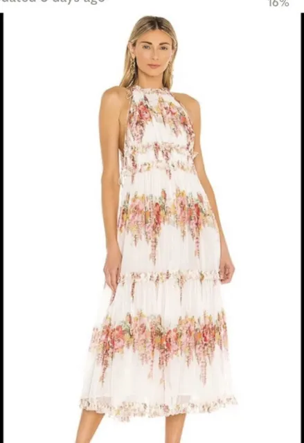 Zimmermann Mae Tiered Frill Halterneck Floral Print Silk Maxi Dress, size 0