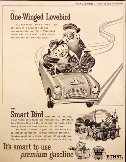 1955 Ethyl Gasoline Vintage Print Ad One-Winged Lovebird