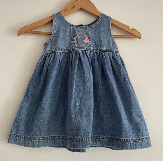 BUNNYKINS Vintage Embroidered Denim Sleeveless Pinafore Dress Size 0 100% Cotton
