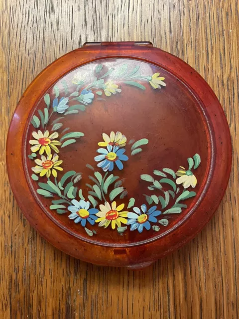 Vintage 40’s/50’s Lucite Tortoise Shell Painted Floral Powder Compact