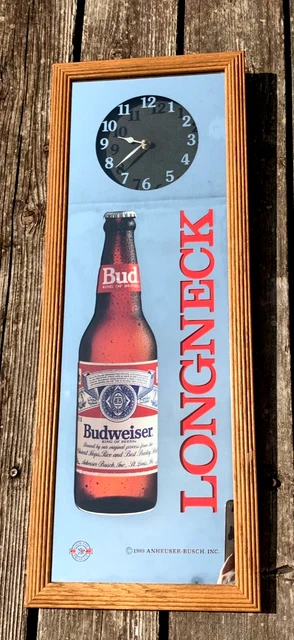 Budweiser Longneck Beer Vintage Mirror Clock 1989 Bar Sign