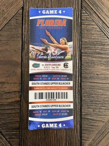 2012 Florida football ticket, stub game, 4 Florida gators Vs South Carolina
