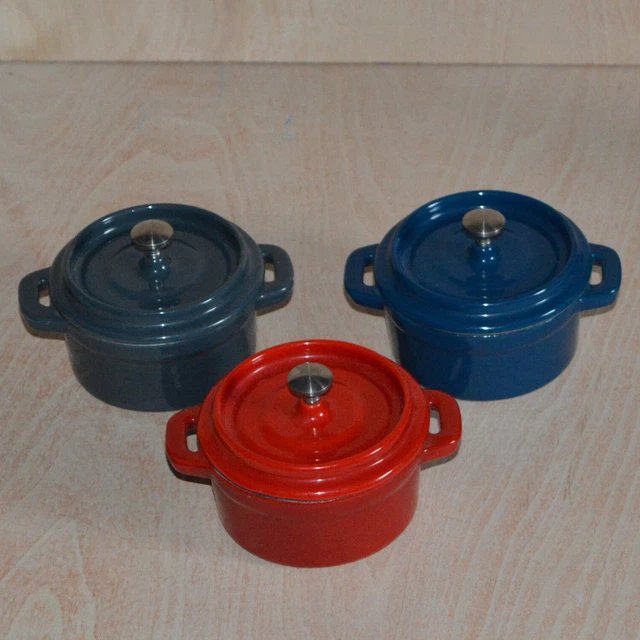 Mini ollas de cazuela de hierro fundido con tapas azul rojo gris conjunto de tres