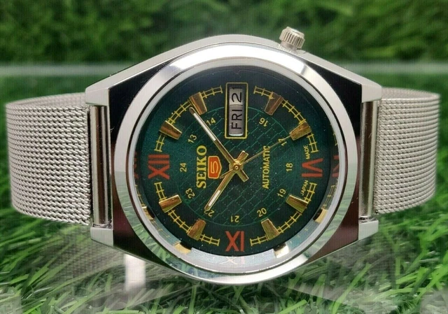 Seiko 5 Automatico In Acciaio Argento Giorno/Data Vintage Da Uomo Polso Orologio