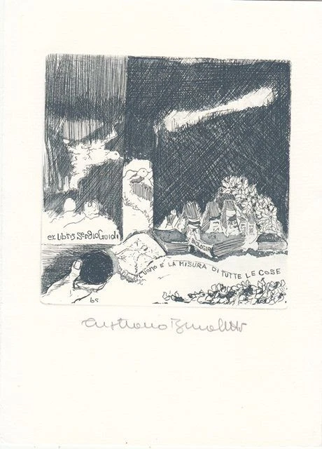 Exlibris Bookplate Radierung Cristiano Beccaletto 1948 Buch Vogel Hand Beigabe