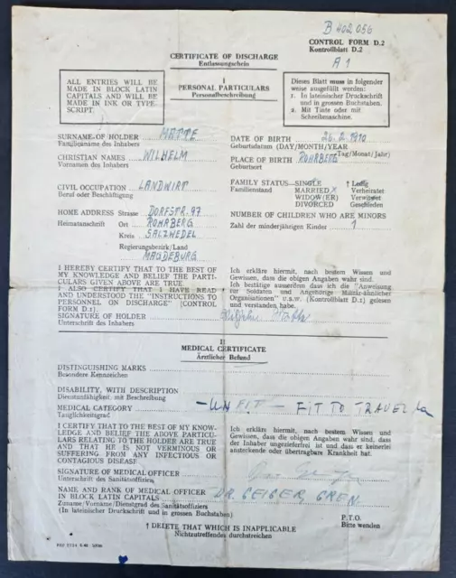 WW2 German Army Soldier POW Camp Certificate of Discharge