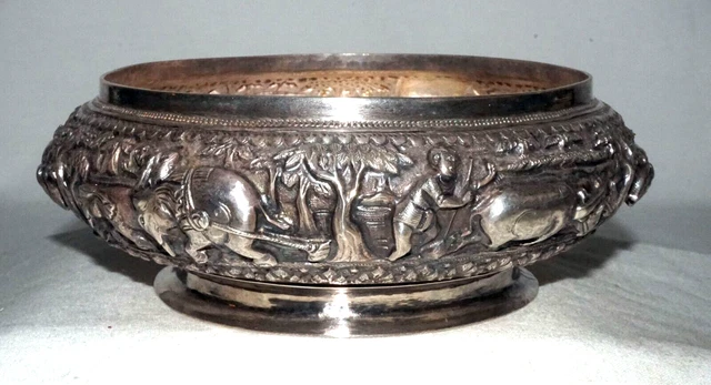 Vintage Burmese 950 Silver Footed Repousse Bowel w. Farming Motifs (KaM)