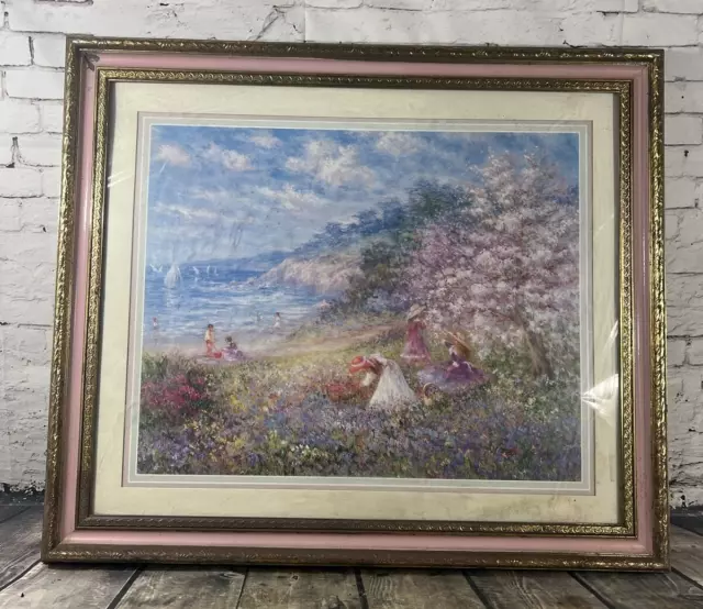 Large Home Interior Picture, Kids At The Beach, Pink & Gold Frame. 27.5" X 23.5"