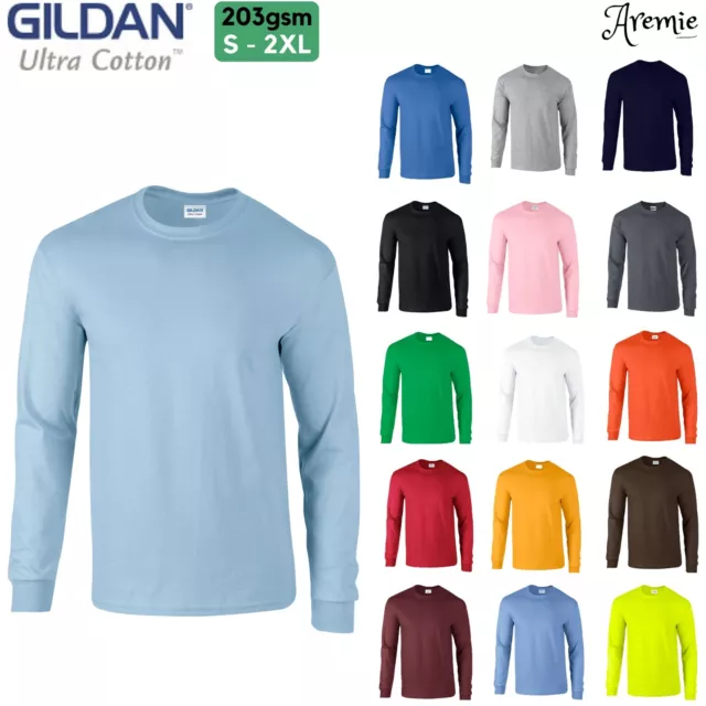 Gildan Mens Plain Long Sleeve Crew Neck Ultra Cotton T Shirts, Tops | S-2XL