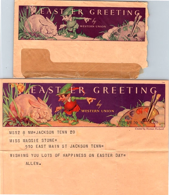 NORMAN ROCKWELL ARTWORK Easter Greeting By Western Union Telegram 1935