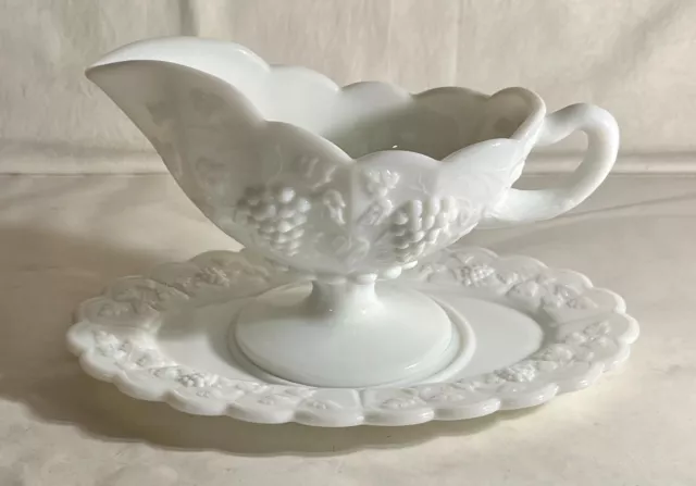 Westmoreland Milk Glass Paneled Grape Gravy Boat With Underplate