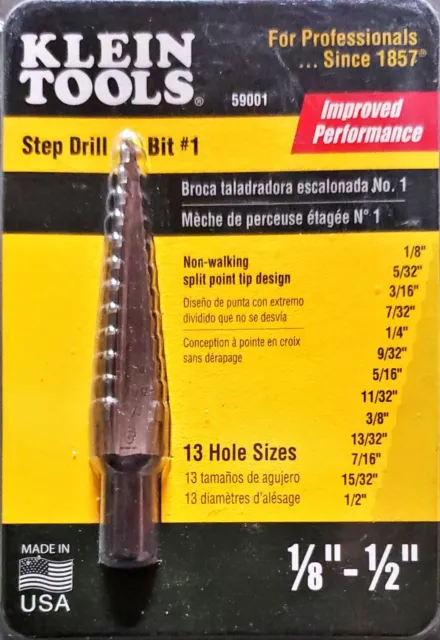 Klein Tools 59001 Step Drill Bit #1 1/8" to 1/2" - 13 Hole Sizes (NEW!)