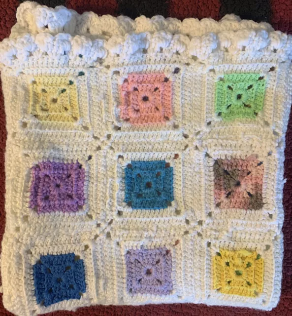 Vtg Crocheted Granny Baby BlanketRectangle Afghan Blanket Multi Colors 43 X 28