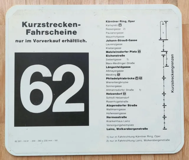 Straßenbahn Wien -  1-fach Streckentafel, Liniennummer (Linie 62)