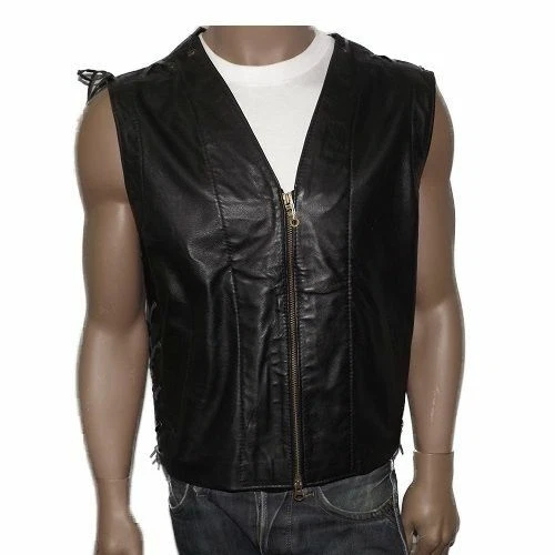 Gilet In Vera Pelle Uomo Artigianale Italiano – Modello Lacci Motociclista, Taglia M, Nero