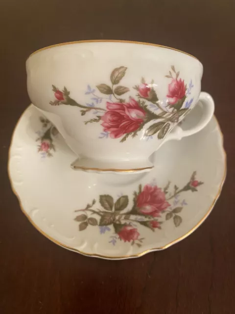 Royal Rose Footed Cup & Saucer Fine China Japan Scalloped Gold Trim Vintage