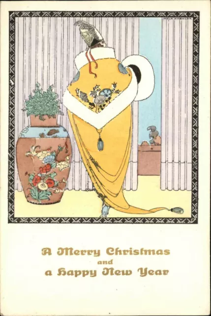 Mela Koehler Art Deco Woman Yellow Jacket Christmas MM 1286 Postcard