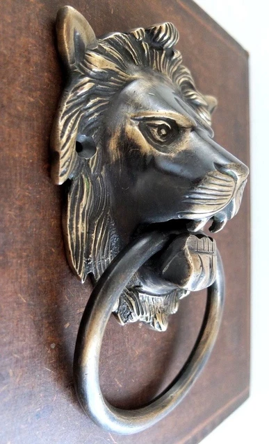 Grand Ancien Style Main Fabriqué Massif Laiton Lion Porte Heurtoir Poignée~ H :