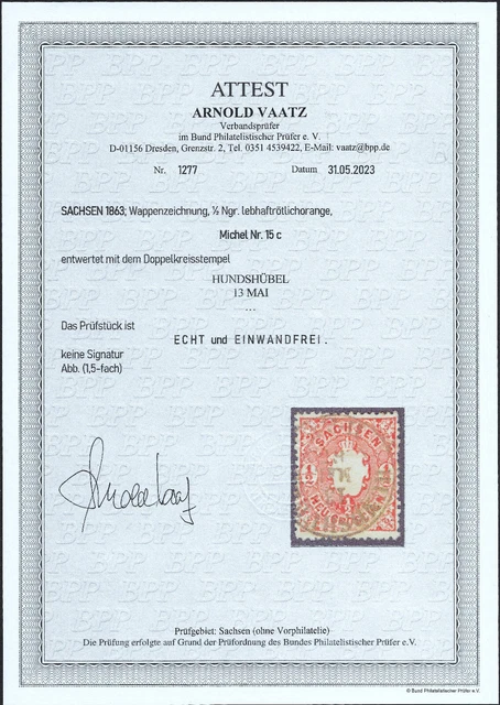 Sachsen 1863 . MiNr.15c . 1/2 Ngr . BPP ATTEST . K2 HUNDSHÜBEL