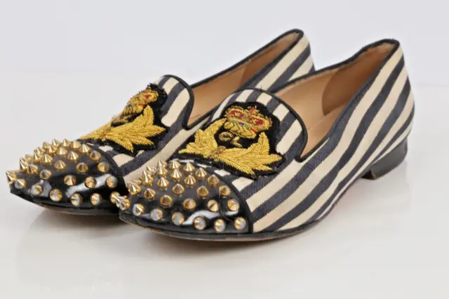 CHRISTIAN LOUBOUTIN Striped Intern Studded Flat Loafers Size 37