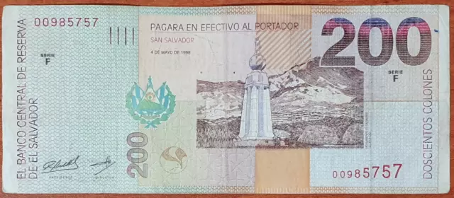 El Salvador 200 Colones Serie F 2Nd Year Of This Design 1998 Carabellas Design