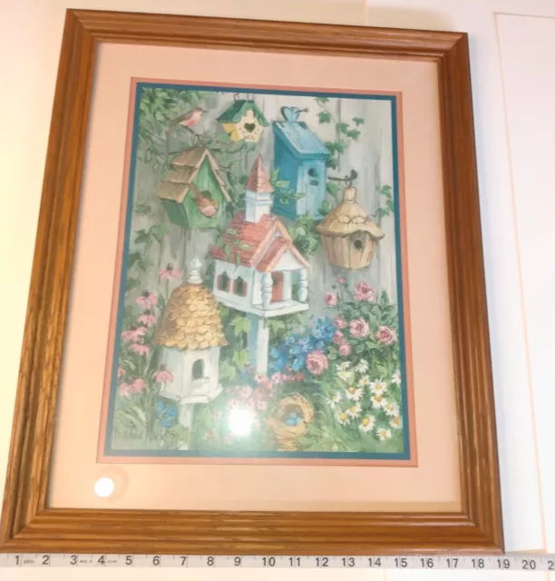 Beautiful Vintage Barbara Mock Birdhouses in the Garden hanging Artwork 23"x19"