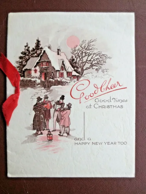 Vintage 1930s CHRISTMAS Card Carol Singers Outside Snowy Cottage Good Cheer