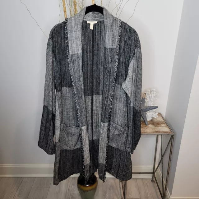 Eileen Fisher Cardigan Womens Small Fringe Color Block Open Front Duster Pockets