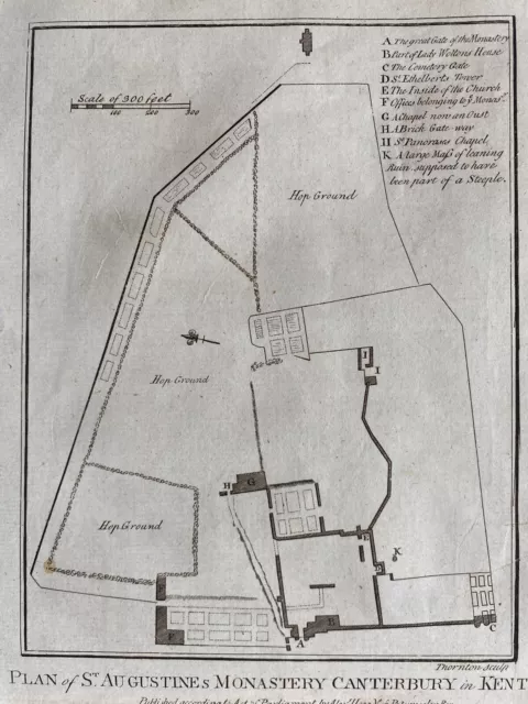 1784 Antique Print; St Augustine's Monastery Plan, Canterbury, Kent