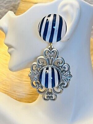 VTG Earrings statement Lucite Dangle Large Ornate Silver Clip Gaudy Pinstripe