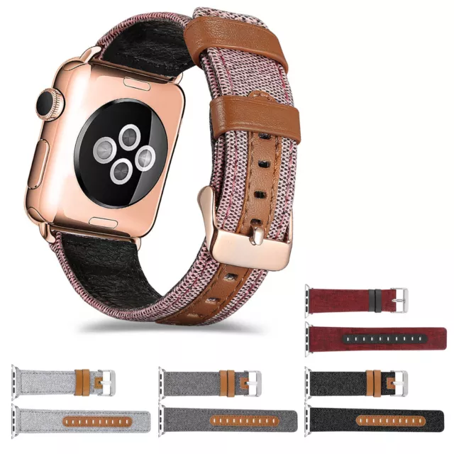 Genuine Leather Canvas Watch Band Strap for Apple Watch Series 8/7/6/5/4/3/2/SE