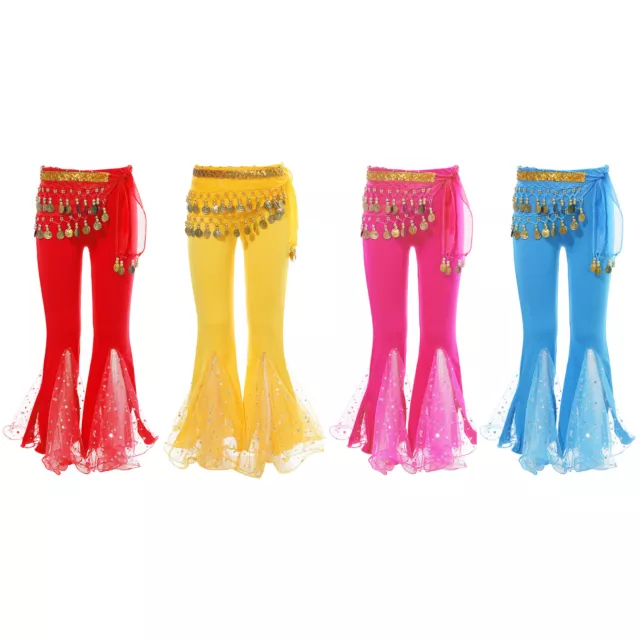 Girl Shiny Flared Pants and Beads Coins Tassels Set Belly Dance Festival Costume