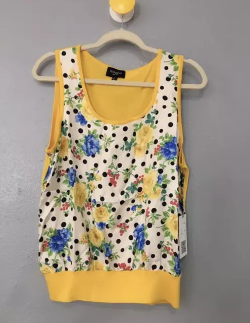 Nwt RONDINA Yellow Sunflower Floral Silk Front Sleeveless Top Size L