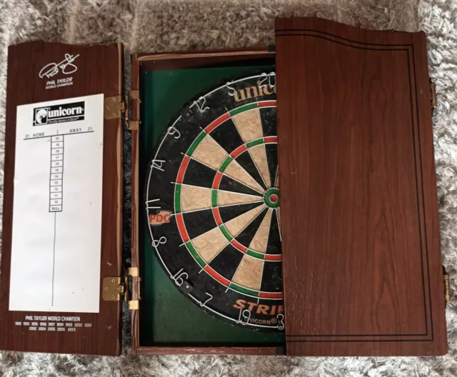 Unicorn Striker Dartboard & Phil Taylor Cabinet . Pub Man Cave