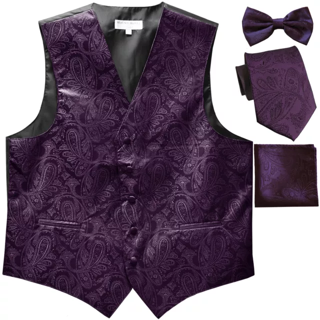 New Men's Paisley Tuxedo Vest Waistcoat & necktie & Bow tie & Hankie dark purple