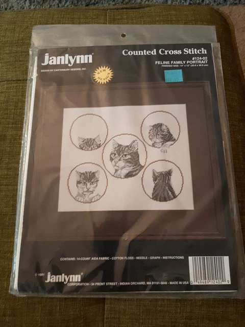 JANLYNN~Punto de Cruz Contado~RETRATO DE FAMILIA FELINA~1991~Gatos~ATIGRADOS GRIS~Nuevo~