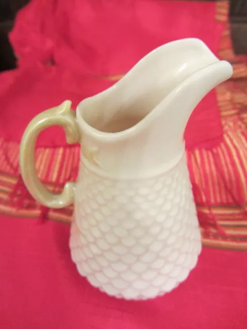 BELLEEK KILKENNY scale CREAM MILK JUG yellow lustre HANDLE 6th mark GREEN